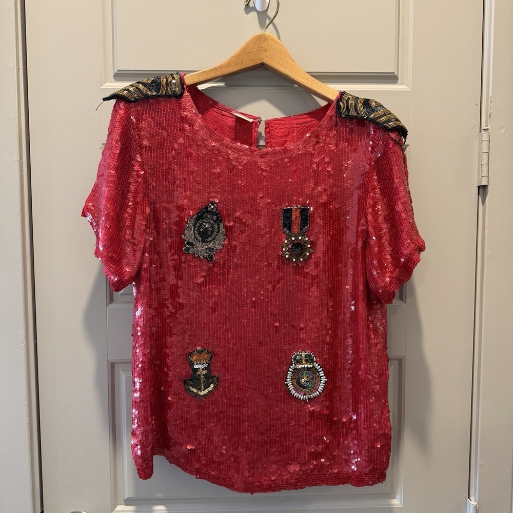 Vintage Red Silk Sequin Beaded Top India Military Crest Nautical Anchor